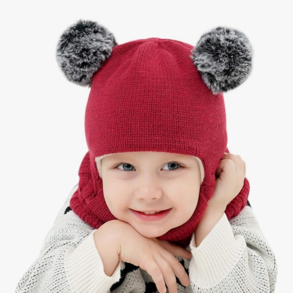 Red Knit Hat with Pom Poms